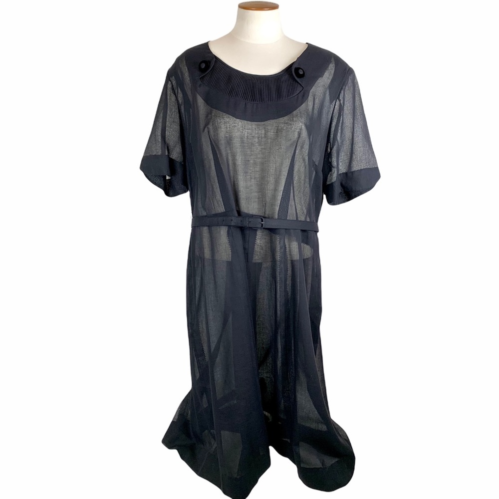 Vintage Sheer Black Crepe Dress with Belt Size XL